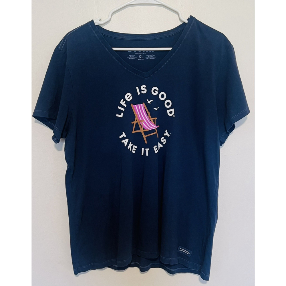 Life Is Good T-Shirt Womens XL Blue Take it it Easy Beach Vibes Crusher Lite Tee